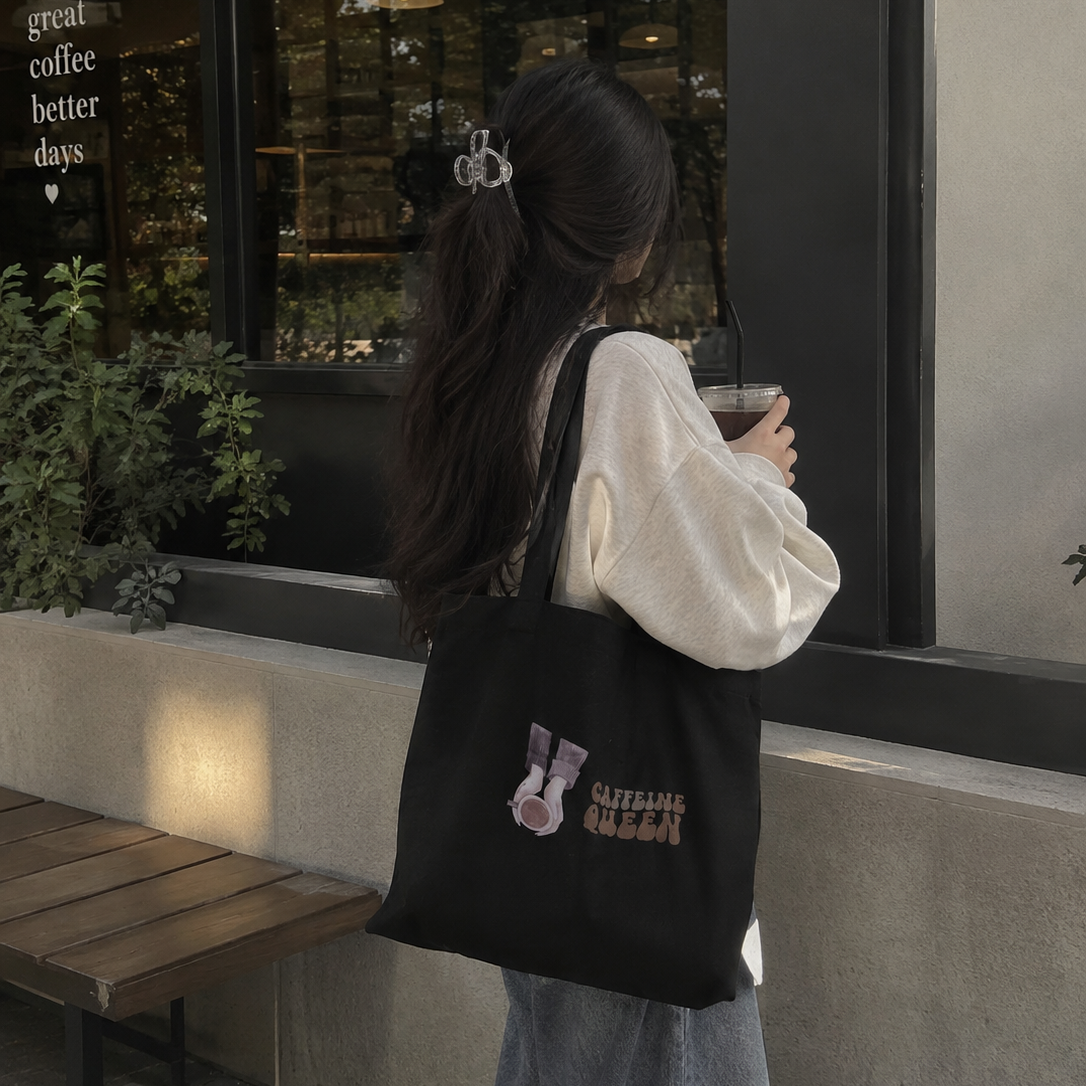 Caffiene Queen Black Canvas Totebag